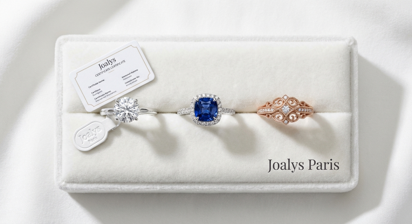 Three custom engagement rings designed by Joalys Paris, featuring a sapphire solitaire, diamond halo, and three-stone ruby ring