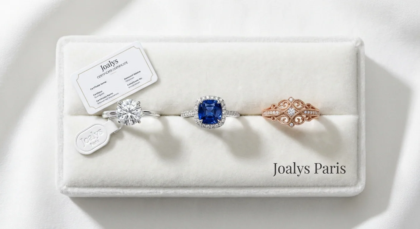 Three custom engagement rings designed by Joalys Paris, featuring a sapphire solitaire, diamond halo, and three-stone ruby ring