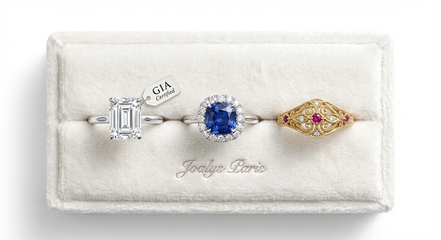 Custom birthstone jewelry design examples from Joalys Paris, showing a ring, pendant, and bracelet featuring certified colored gemstones