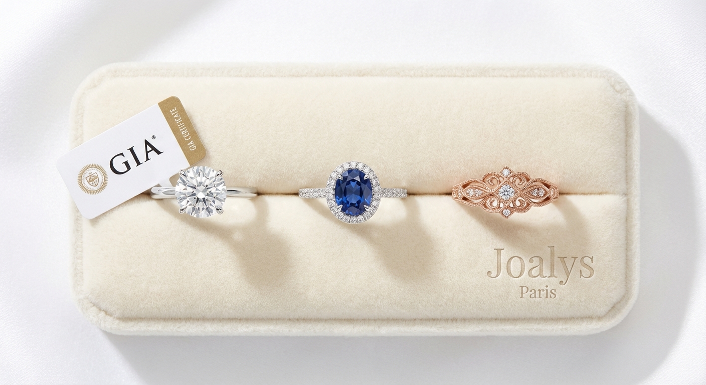 Bespoke gemstone jewelry by Joalys Paris, featuring certified Ceylon sapphires and custom gold settings