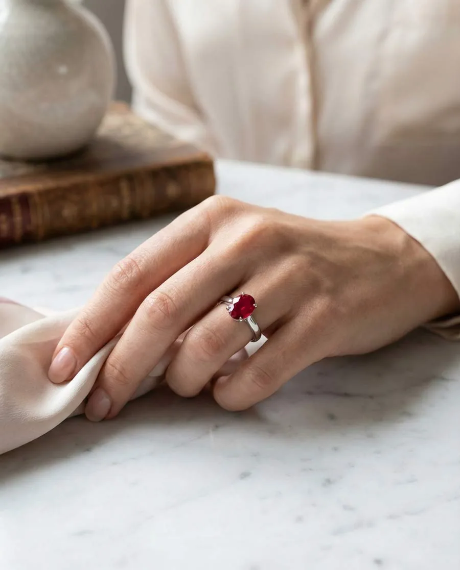 July-born individual wearing ruby birthstone jewelry symbolizing passion and courage