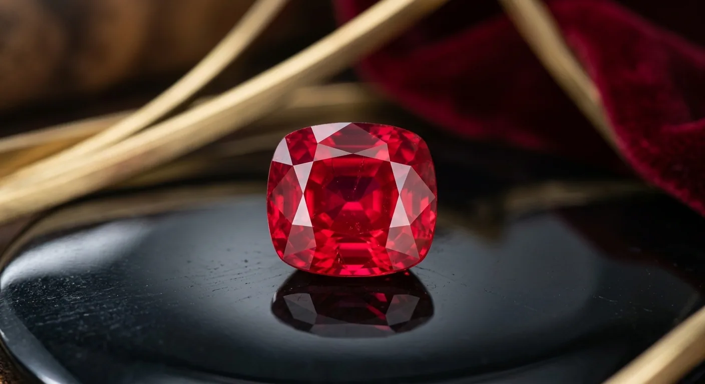 Un cristal de rubis naturel tenu à la main sous une lumière rasante, son rouge profond de chrome et sa soie interne marquant un vrai corindon extrait de la terre.
