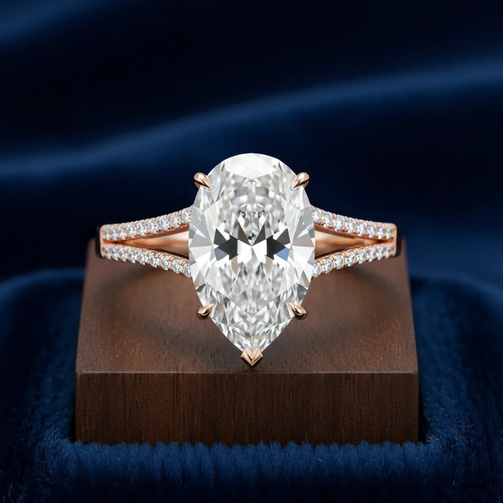 A pear cut diamond in a rose gold split shank setting, its rounded shoulders at the top and the pointed tip held by a V-prong at the base