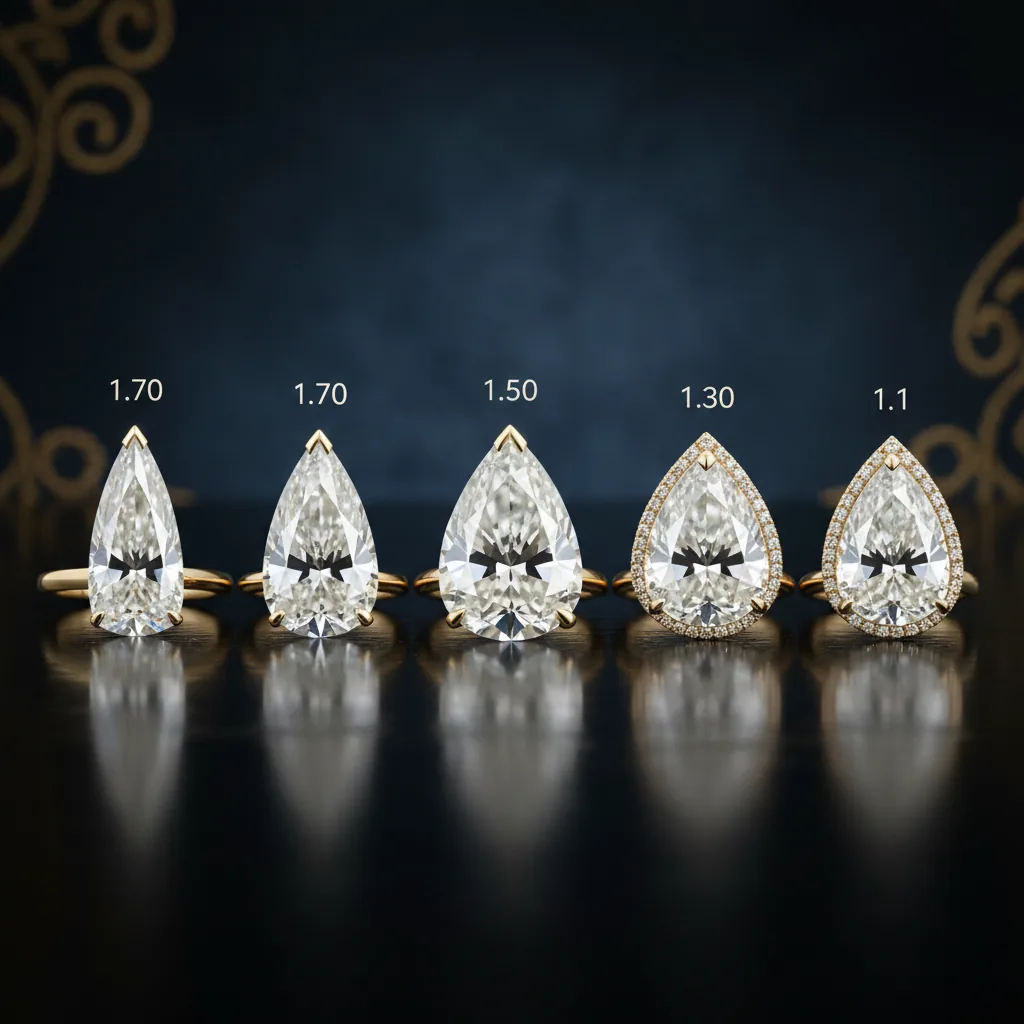Side by side comparison of pear cut diamonds with different length to width ratios from 1.45 to 1.75