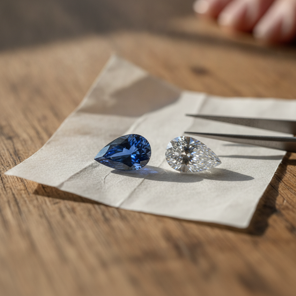 Two loose pear cut stones on gem paper at a jeweller's bench, a blue Ceylon sapphire on the left and a colourless diamond of similar size on the right