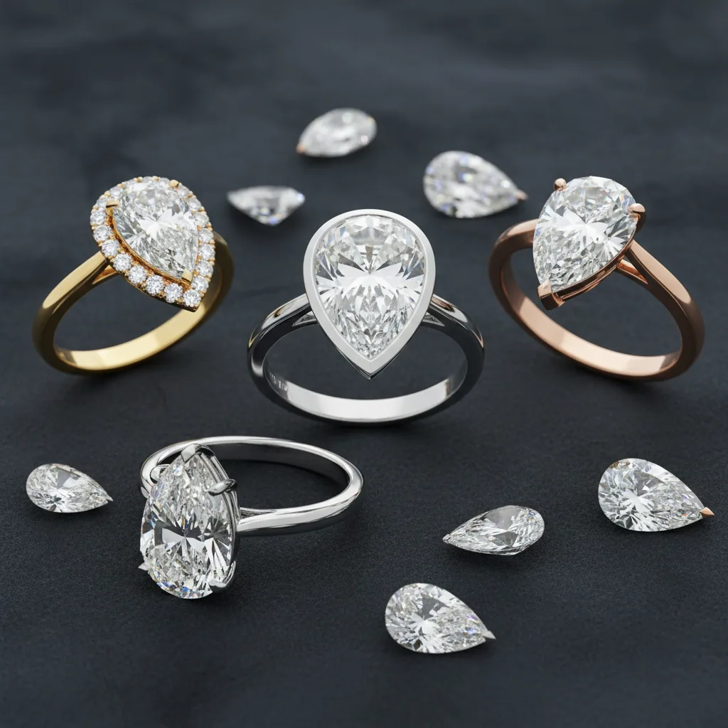 V-prong setting protecting the pointed tip of a pear shaped diamond in yellow gold