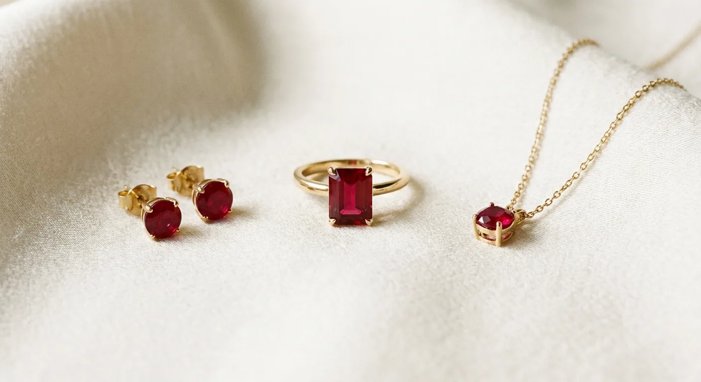 A showcase of different ruby jewellery styles, including a ruby engagement ring, ruby earrings, and a delicate ruby necklace.