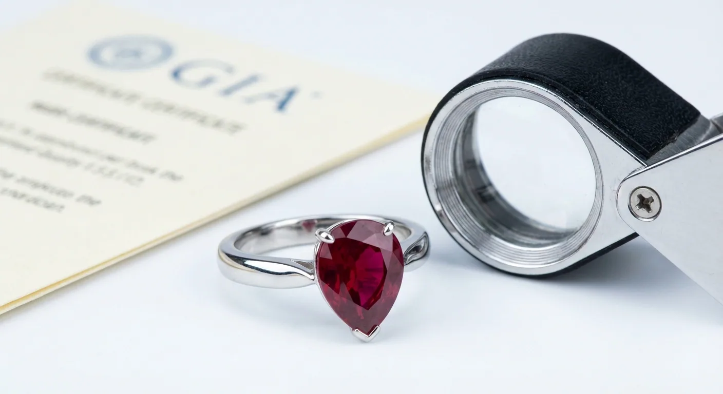 A certified ruby ring placed next to a gemological certificate and a loupe, symbolizing trust and authenticity when buying ruby jewellery online.