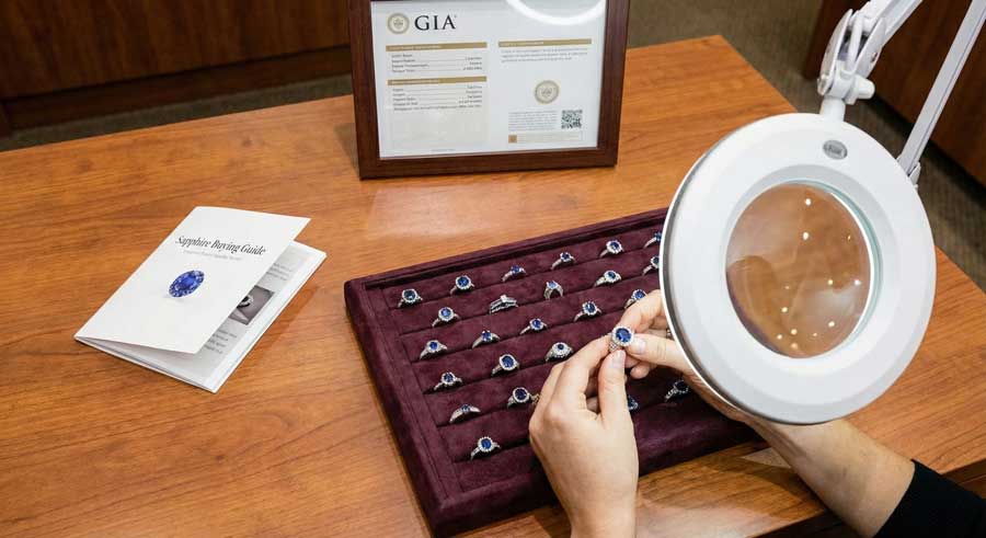 women inspecting sapphire rings